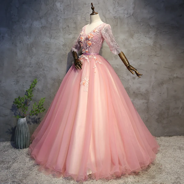 Chic / Beautiful Pearl Pink Prom Dresses 2018 Ball Gown Appliques Pearl Sash V-Neck Backless 3/4 Sleeve Floor-Length / Long Formal Dresses
