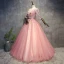 Chic / Beautiful Pearl Pink Prom Dresses 2018 Ball Gown Appliques Pearl Sash V-Neck Backless 3/4 Sleeve Floor-Length / Long Formal Dresses