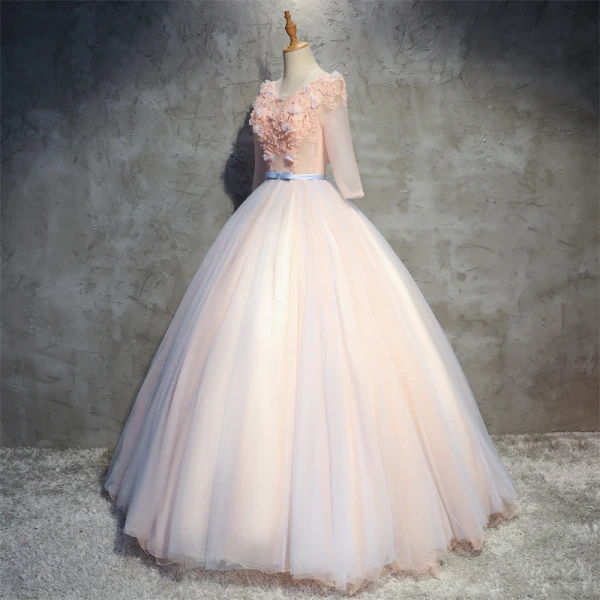 Chic / Beautiful Pearl Pink Prom Dresses 2018 Ball Gown Appliques Pearl Scoop Neck Backless 3/4 Sleeve Floor-Length / Long Formal Dresses