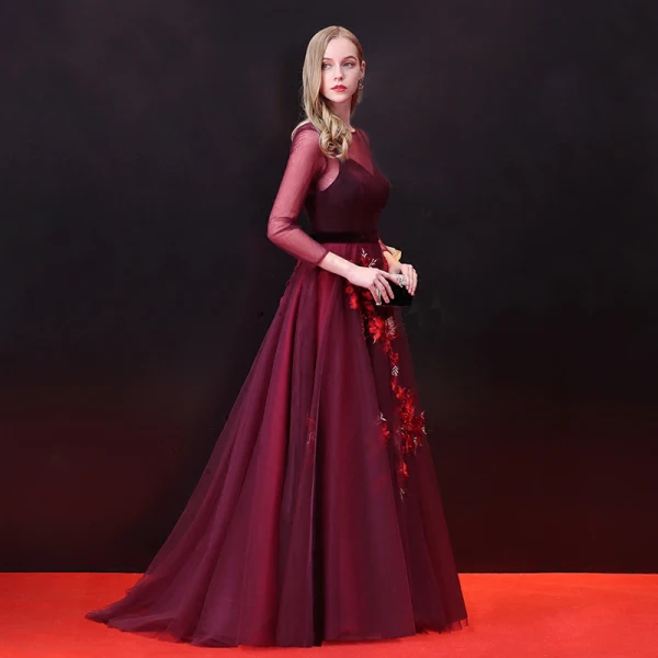 Chic / Beautiful Burgundy Prom Dresses 2018 A-Line / Princess Appliques Sash Scoop Neck Long Sleeve Ankle Length Formal Dresses