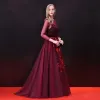 Chic / Beautiful Burgundy Prom Dresses 2018 A-Line / Princess Appliques Sash Scoop Neck Long Sleeve Ankle Length Formal Dresses