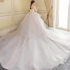 Chic / Beautiful Cascading Ruffles Wedding Dresses 2018 Ball Gown Lace Appliques Embroidered Scoop Neck Backless 3/4 Sleeve Royal Train Wedding