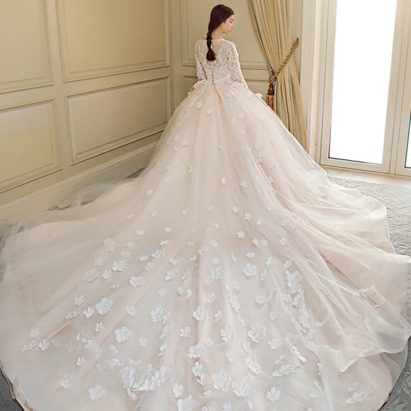 Chic / Beautiful Champagne Wedding Dresses 2018 Ball Gown Appliques Bow Scoop Neck Long Sleeve Royal Train Wedding