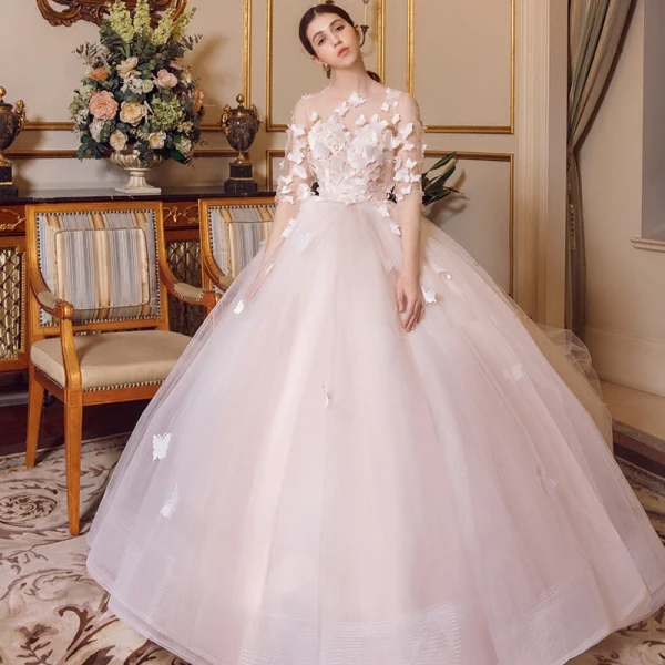 Chic / Beautiful Champagne Wedding Dresses 2018 Ball Gown Butterfly Scoop Neck Backless 1/2 Sleeves Royal Train Wedding