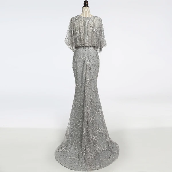 Chic / Beautiful Grey Evening Dresses 2018 Trumpet / Mermaid Beading Scoop Neck 1/2 Sleeves Sweep Train Formal Dresses