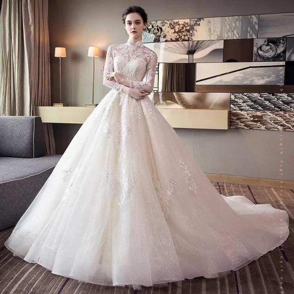 Chic / Beautiful Champagne Wedding Dresses 2018 Ball Gown Lace Appliques High Neck Backless Long Sleeve Cathedral Train Wedding