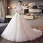 Chic / Beautiful Champagne Wedding Dresses 2018 Ball Gown Lace Appliques High Neck Backless Long Sleeve Cathedral Train Wedding