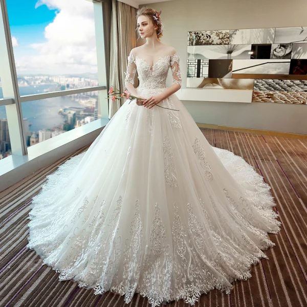 Chic / Beautiful White Wedding Dresses 2018 Ball Gown Lace Appliques Pearl Scoop Neck Backless 1/2 Sleeves Royal Train Wedding