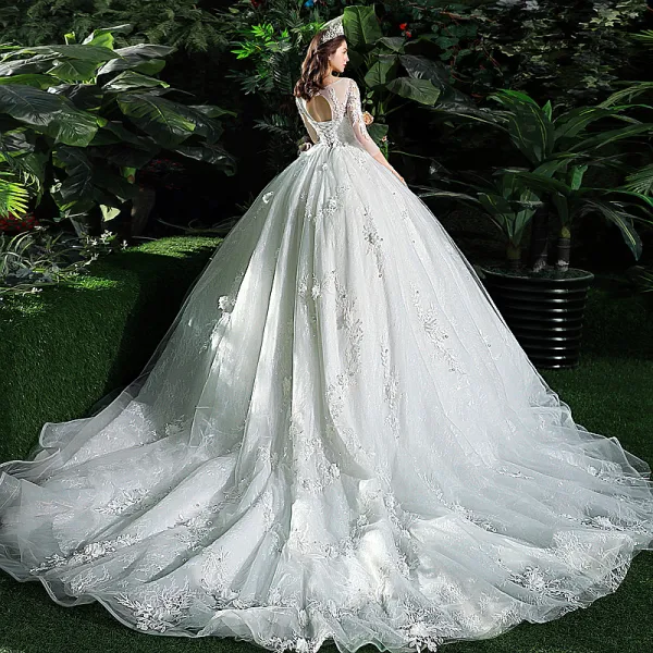 Chic / Beautiful White Wedding Dresses 2018 Ball Gown Lace Flower Appliques Scoop Neck Backless Cathedral Train 3/4 Sleeve Wedding