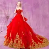 Chic / Beautiful Red Gold Cascading Ruffles Wedding Dresses 2018 Ball Gown Appliques Lace Crystal Off-The-Shoulder Backless Sleeveless Cathedral Train Wedding