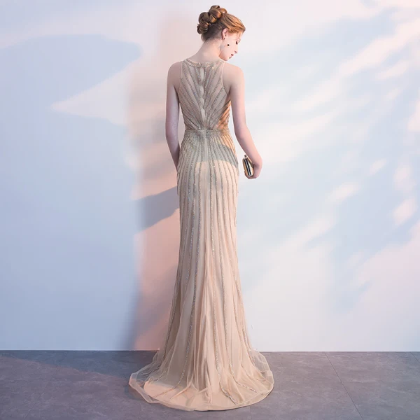 Luxury / Gorgeous Champagne Evening Dresses 2018 Trumpet / Mermaid Rhinestone Scoop Neck Sleeveless Sweep Train Formal Dresses
