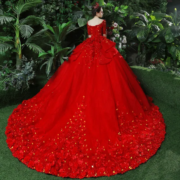 Schöne Rot Brautkleider 2018 Ballkleid Perlenstickerei Applikationen Perle Pailletten Eckiger Ausschnitt Rückenfreies Kurze Ärmel Kathedrale Schleppe Hochzeit