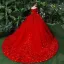 Schöne Rot Brautkleider 2018 Ballkleid Perlenstickerei Applikationen Perle Pailletten Eckiger Ausschnitt Rückenfreies Kurze Ärmel Kathedrale Schleppe Hochzeit