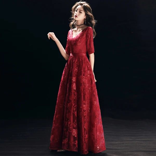 Chic / Beautiful Burgundy Evening Dresses  2018 A-Line / Princess Lace Sequins Sash V-Neck Backless 1/2 Sleeves Floor-Length / Long Formal Dresses