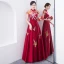 Chinese style Burgundy Evening Dresses  2018 A-Line / Princess Bow Embroidered High Neck Backless Cap Sleeves Floor-Length / Long Formal Dresses