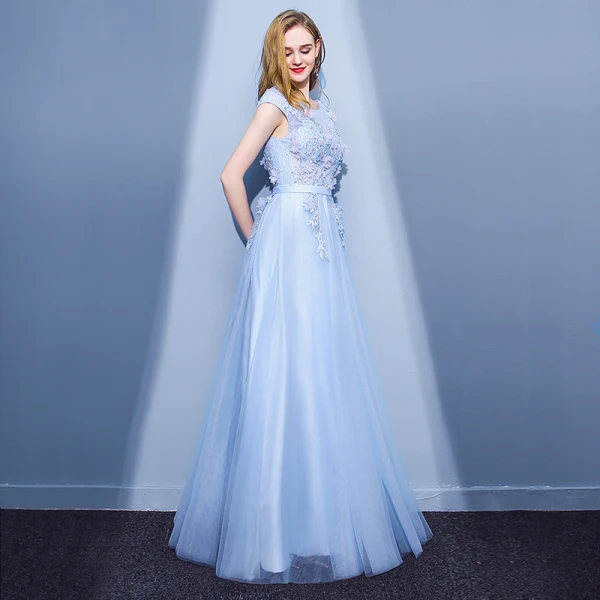 Elegant Sky Blue Evening Dresses  2018 A-Line / Princess Lace Flower Appliques Beading Pearl Scoop Neck Backless Sleeveless Floor-Length / Long Formal Dresses
