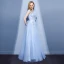 Elegant Sky Blue Evening Dresses  2018 A-Line / Princess Lace Flower Appliques Beading Pearl Scoop Neck Backless Sleeveless Floor-Length / Long Formal Dresses