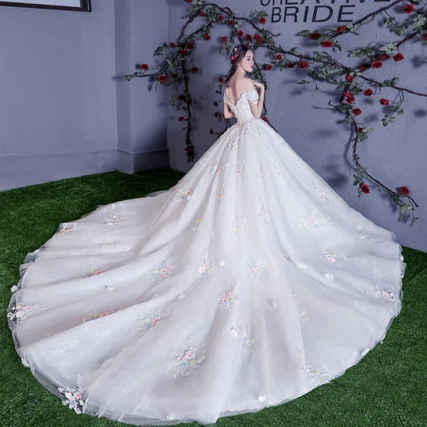 Chic / Beautiful White Wedding Dresses 2018 Ball Gown Multi-Colors Appliques Pearl Off-The-Shoulder Backless Sleeveless Cathedral Train Wedding