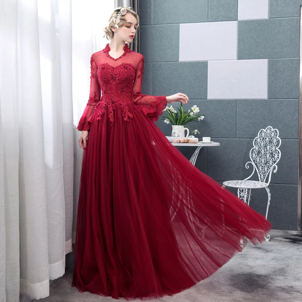 Chic / Belle Bordeaux Robe De Bal 2018 Princesse En Dentelle Appliques Perlage Cristal Encolure Dégagée Dos Nu Manches Longues Longue Robe De Ceremonie