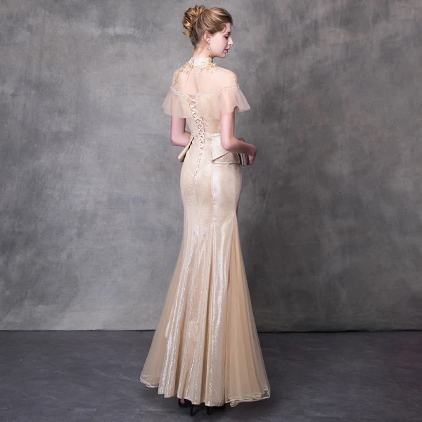 Chic / Belle Robe De Soirée 2018 Trompette / Sirène Appliques Cristal Col Haut Dos Nu Manches Courtes Longue Robe De Ceremonie