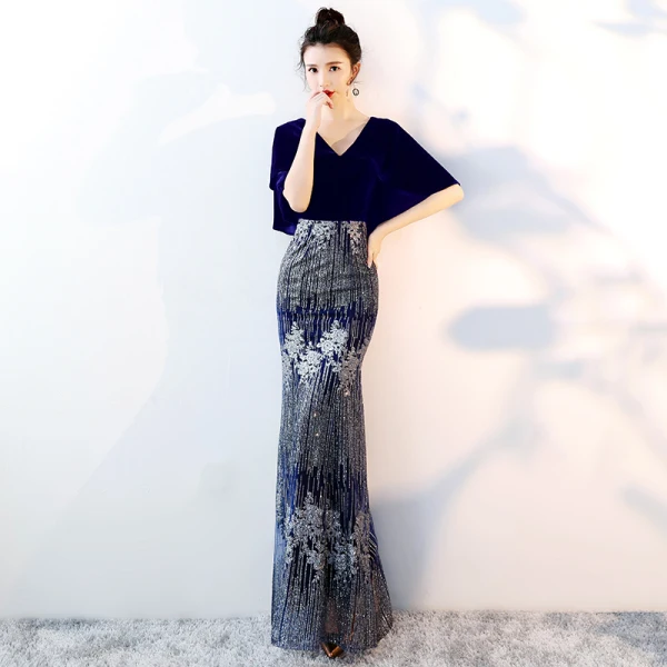 Chic / Beautiful Navy Blue Evening Dresses 2018 Trumpet / Mermaid Glitter V-Neck Short Sleeve Floor-Length / Long Formal Dresses