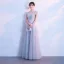 Chinese style Grey Evening Dresses  2018 A-Line / Princess Lace Appliques Beading High Neck Short Sleeve Floor-Length / Long Formal Dresses