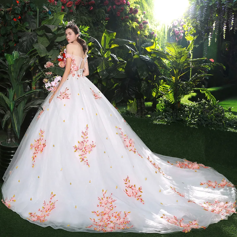 Chic Beautiful White Wedding Dresses 2018 Ball Gown Appliques Pearl Pink Flower Crystal Pearl Sequins Off The Shoulder Backless Sleeveless Cathedral Train Wedding Chic Beautiful White Wedding Dresses 2018 Ball Gown Appliques Pearl Pink Flower Crystal Pearl Sequins Off The Shoulder Backless Sleeveless Cathedral Train Wedding