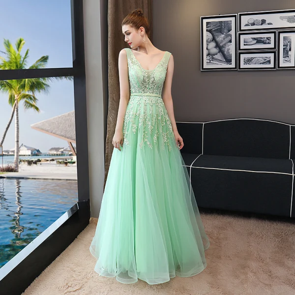 Chic / Beautiful Evening Dresses 2018 A-Line / Princess Lace Appliques Sash V-Neck Backless Sleeveless Floor-Length / Long Formal Dresses