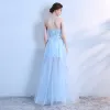 Chic / Beautiful Sky Blue Prom Dresses 2018 A-Line / Princess Lace Appliques Sash Sweetheart Backless Sleeveless See-through Floor-Length / Long Formal Dresses