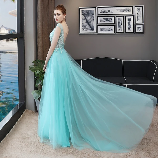 Chic / Beautiful Pool Blue Evening Dresses 2018 A-Line / Princess Lace Appliques Scoop Neck Backless Sleeveless Floor-Length / Long Formal Dresses