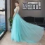 Chic / Beautiful Pool Blue Evening Dresses  2018 A-Line / Princess Lace Appliques Scoop Neck Backless Sleeveless Floor-Length / Long Formal Dresses