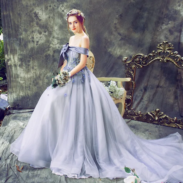 Elegant Lavender Prom Dresses 2018 Ball Gown Appliques Bow Off-The-Shoulder Backless Sleeveless Court Train Formal Dresses