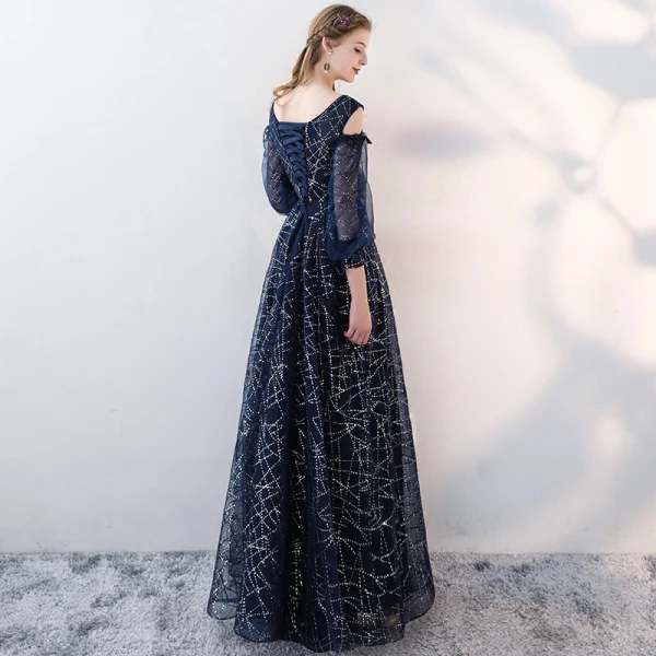 Chic / Belle Bleu Marine Robe De Soirée 2018 Princesse Dentelle Appliques Perlage Paillettes Encolure Dégagée Dos Nu Bustier 3/4 Manches Longue Robe De Ceremonie