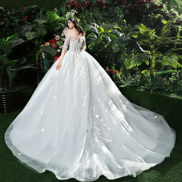 Chic / Beautiful White Wedding Dresses 2018 Ball Gown Lace Appliques Pearl Off-The-Shoulder Backless Short Sleeve Cathedral Train Wedding