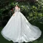 Chic / Beautiful White Wedding Dresses 2018 Ball Gown Lace Appliques Pearl Off-The-Shoulder Backless Short Sleeve Cathedral Train Wedding