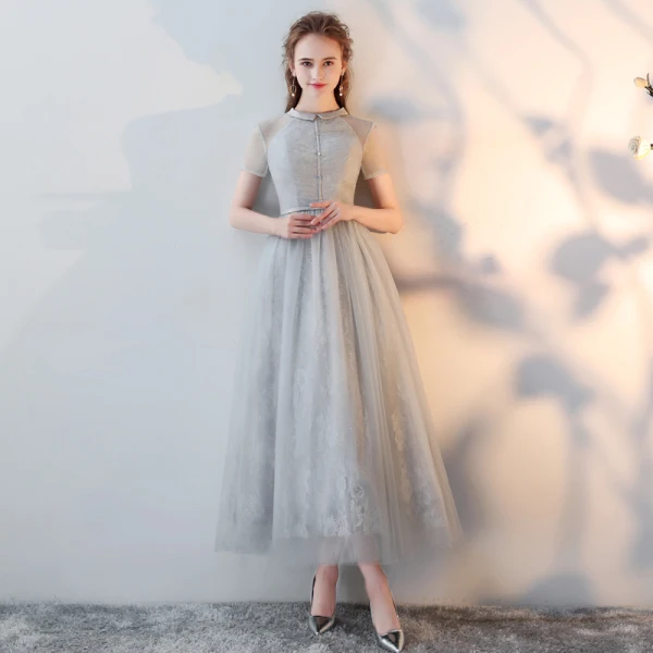 Chic / Beautiful Grey Homecoming Graduation Dresses 2018 A-Line / Princess Scoop Neck Short Sleeve Tea-length Formal Dresses