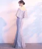 Chic / Beautiful Grey Evening Dresses  2018 Trumpet / Mermaid Lace Flower Off-The-Shoulder Backless 1/2 Sleeves Floor-Length / Long Formal Dresses