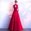 Chic / Belle Bordeaux Robe De Soirée 2018 Princesse Perlage Noeud Col Haut Sans Manches Longue Robe De Ceremonie