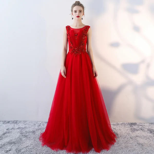 Chic / Belle Robe De Soirée 2018 Princesse En Dentelle Appliques Paillettes Faux Diamant Encolure Dégagée Sans Manches Longue Robe De Ceremonie