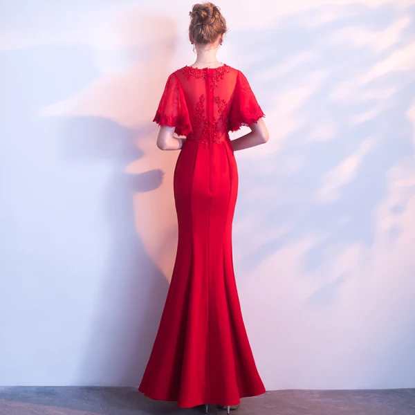 Chic / Beautiful Red Evening Dresses 2018 Trumpet / Mermaid Lace Appliques Sequins Scoop Neck 1/2 Sleeves Floor-Length / Long Formal Dresses