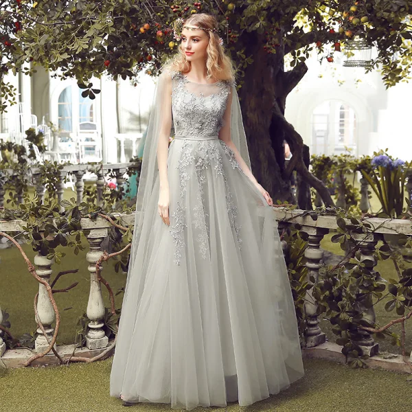 Elegant Evening Dresses 2018 A-Line / Princess Lace Flower Appliques Pearl Scoop Neck Backless Sleeveless Floor-Length / Long Formal Dresses