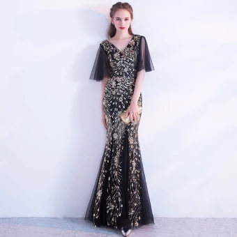 Chic Belle Noire Doré Robe De Soirée 2018 Trompette Sirène Paillettes V Cou Dos Nu 1 2 Manches Longue Robe De Ceremonie