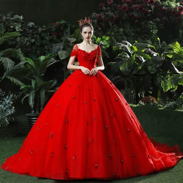 Chic / Belle Rouge Robe De Mariée 2018 Robe Boule Appliques Perlage Faux Diamant V-Cou Dos Nu Sans Manches Royal Train Mariage