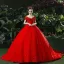 Chic / Belle Rouge Robe De Mariée 2018 Robe Boule Appliques Perlage Faux Diamant V-Cou Dos Nu Sans Manches Royal Train Mariage