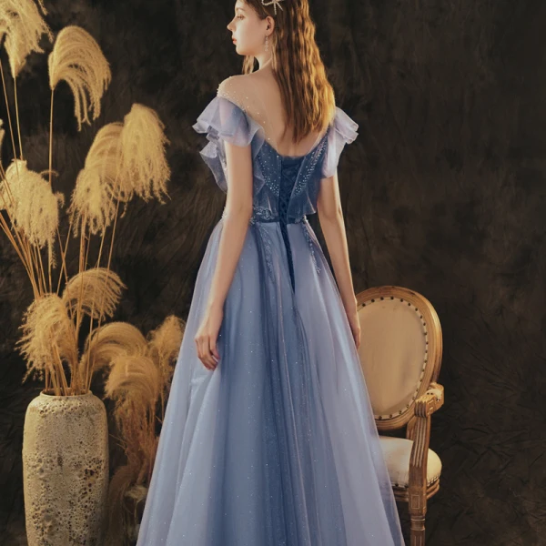 Elegant Ocean Blue Prom Dresses A-Line / Princess 2021 Scoop Neck Rhinestone Sequins Short Sleeve Backless Floor-Length / Long Formal Dresses