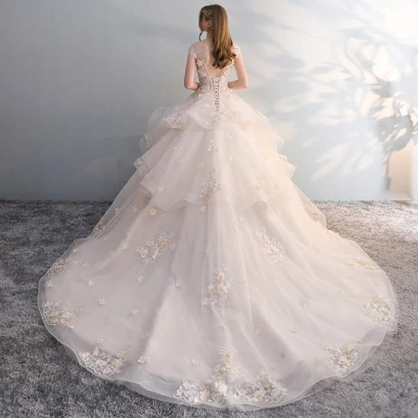 Chic / Beautiful Champagne Wedding Dresses 2018 Ball Gown Lace Appliques Pearl Sequins Scoop Neck Backless Cap Sleeves Cathedral Train Wedding
