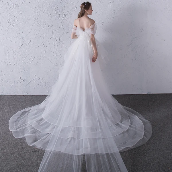 Chic / Beautiful White Beach Wedding Dresses 2018 Ball Gown Lace Appliques Bow Off-The-Shoulder Backless Sleeveless Asymmetrical Wedding