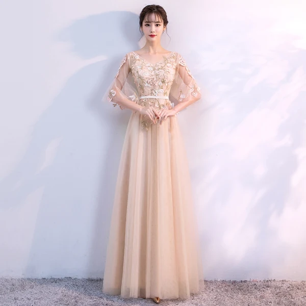 Chic / Beautiful Bridesmaid Dresses 2018 A-Line / Princess Appliques Beading Sash V-Neck Backless 1/2 Sleeves Floor-Length / Long Wedding Party Dresses