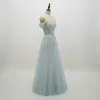 Chic / Beautiful Sky Blue Prom Dresses 2018 A-Line / Princess Lace Flower Appliques Pearl Off-The-Shoulder Backless Short Sleeve Floor-Length / Long Formal Dresses