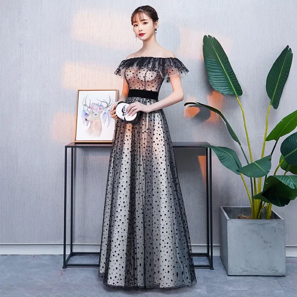 Modern / Fashion Black Prom Dresses 2018 A-Line / Princess Spotted Off-The-Shoulder Backless Short Sleeve Floor-Length / Long Formal Dresses